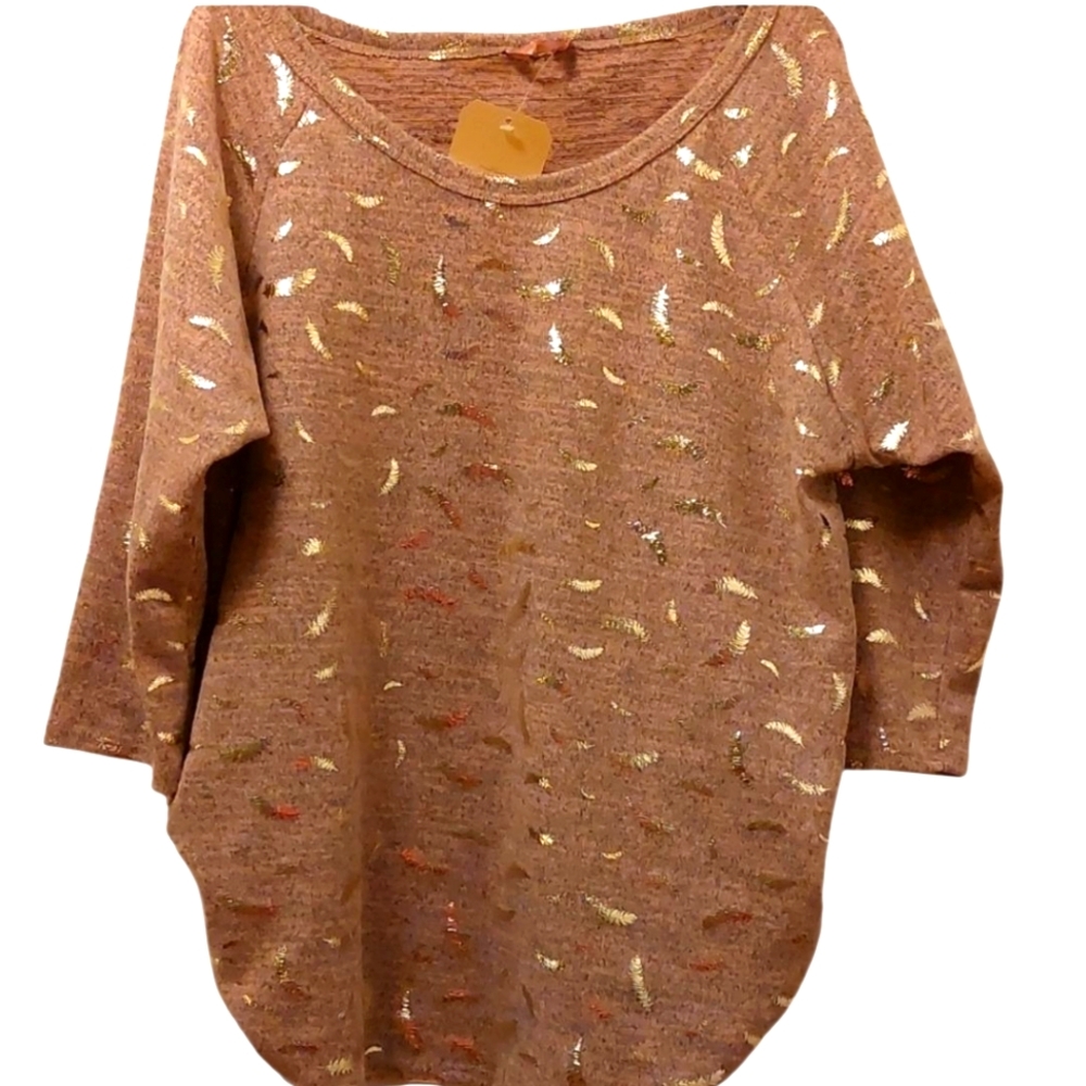 SJS Pullover Ruched Top 2X Pink and Gray Heather Shiny Gold Feather Design NWT
